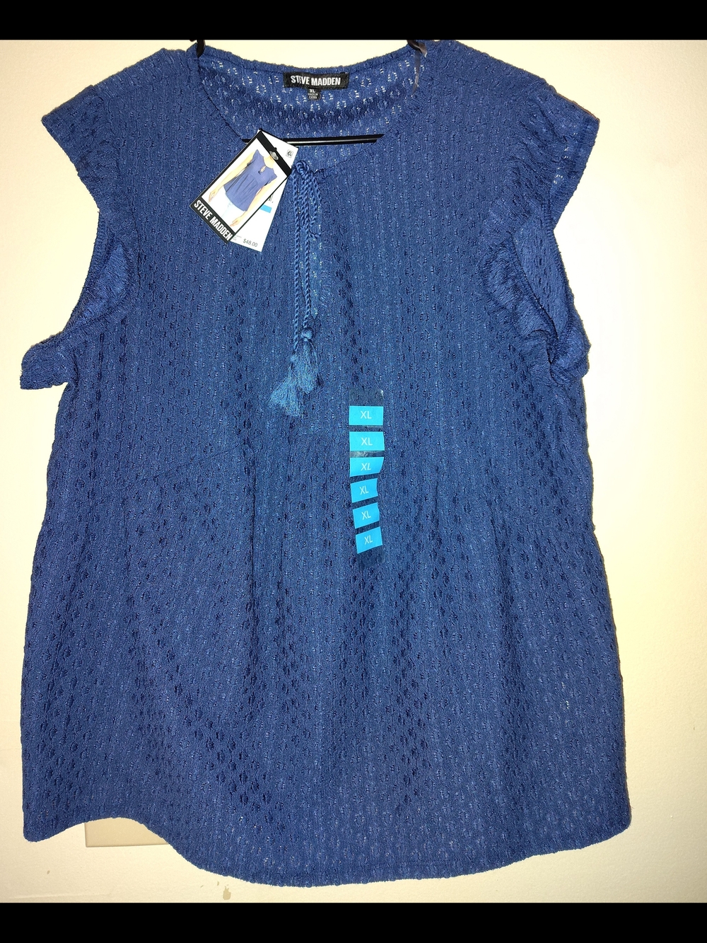 Steve Madden Blue Knit Tassel Tie Top XL
